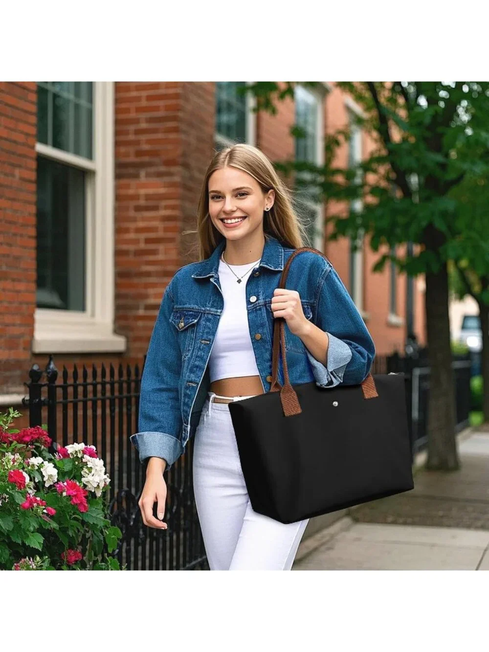 👜Women's Blue Beige Nylon Tote Bag Large Capacity Shoulder Handbag With Zipper